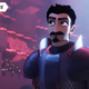 An animated knight with a beard and goatee looks up to the left while standing in front of a castle.